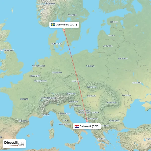 Gothenburg - Dubrovnik direct flight map