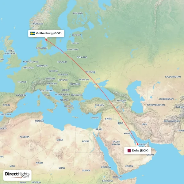 Gothenburg - Doha direct flight map