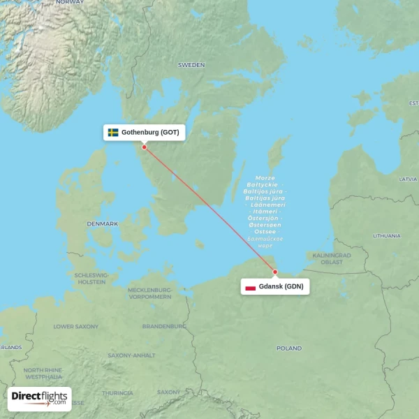 Gothenburg - Gdansk direct flight map