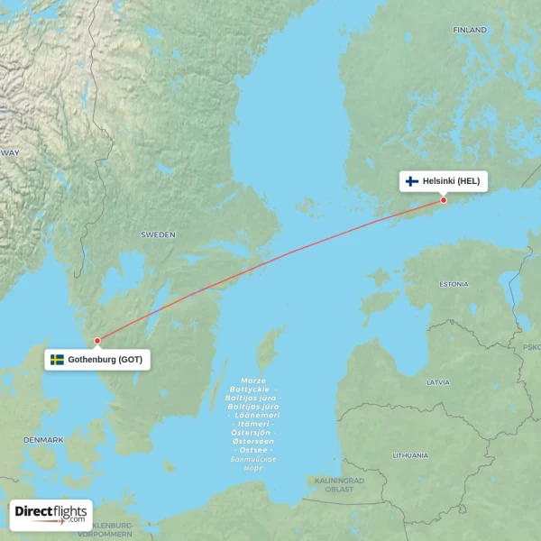 Gothenburg - Helsinki direct flight map