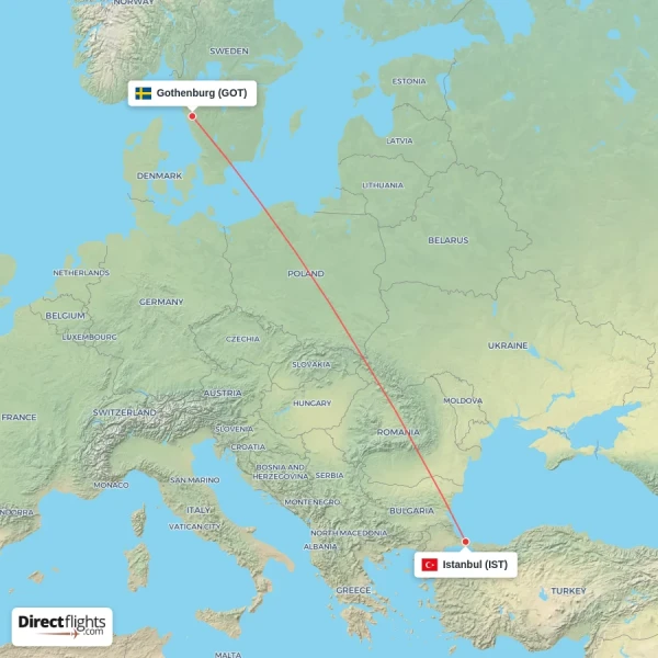 Gothenburg - Istanbul direct flight map