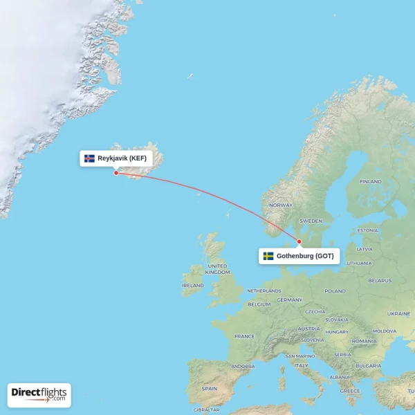 Gothenburg - Reykjavik direct flight map