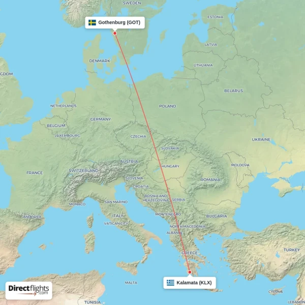 Gothenburg - Kalamata direct flight map