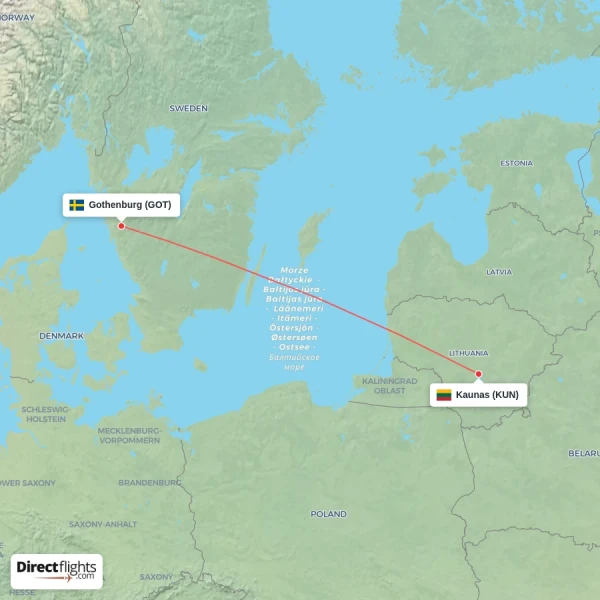 Gothenburg - Kaunas direct flight map
