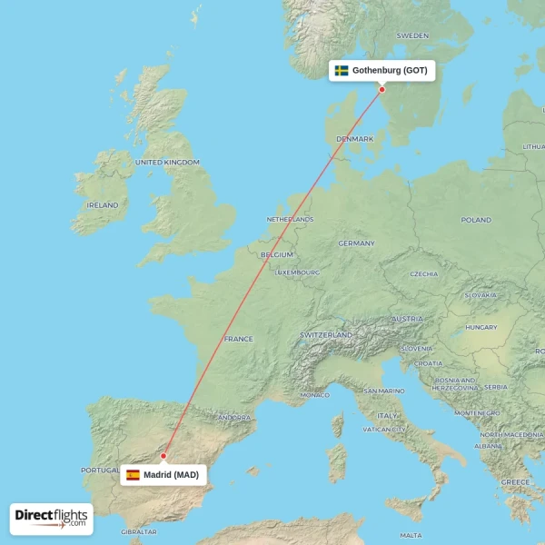 Gothenburg - Madrid direct flight map