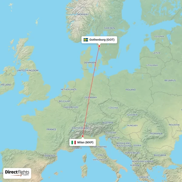 Gothenburg - Milan direct flight map