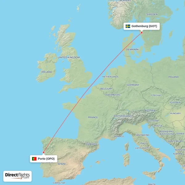Gothenburg - Porto direct flight map