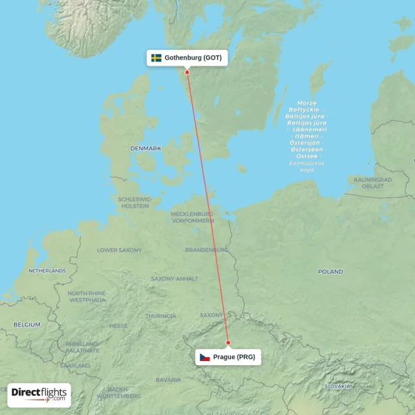 Gothenburg - Prague direct flight map