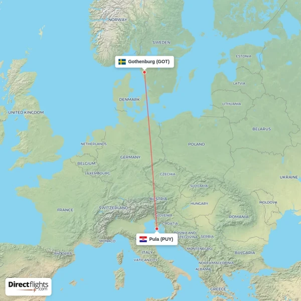 Gothenburg - Pula direct flight map