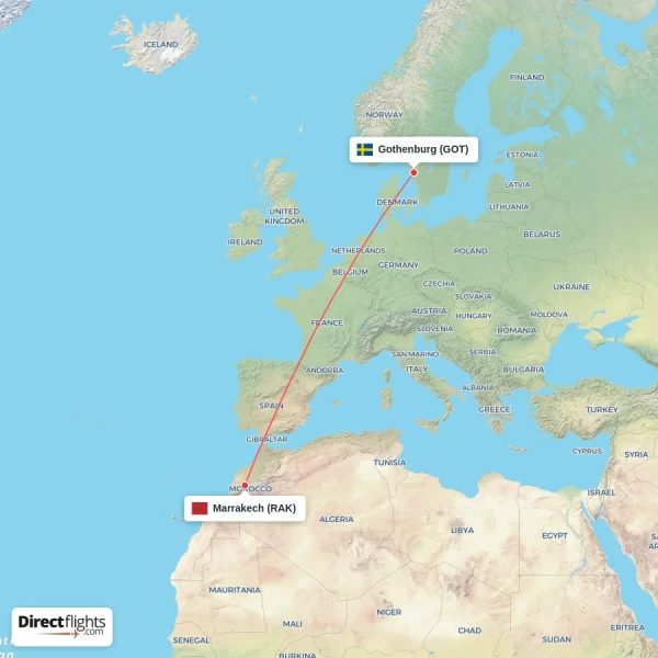 Gothenburg - Marrakech direct flight map