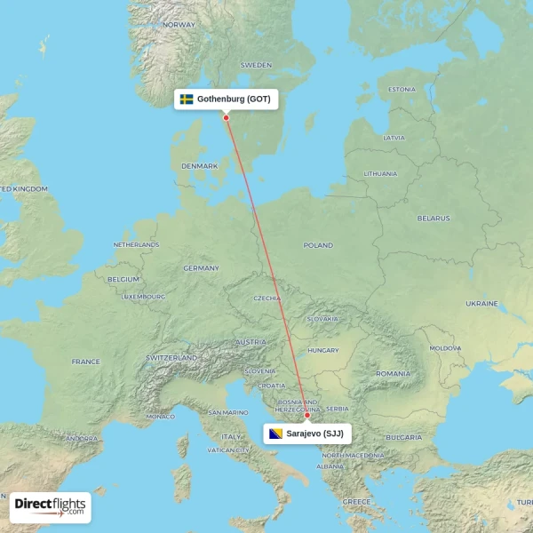 Gothenburg - Sarajevo direct flight map