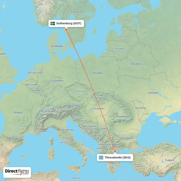 Gothenburg - Thessaloniki direct flight map