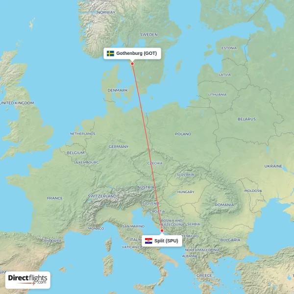 Gothenburg - Split direct flight map