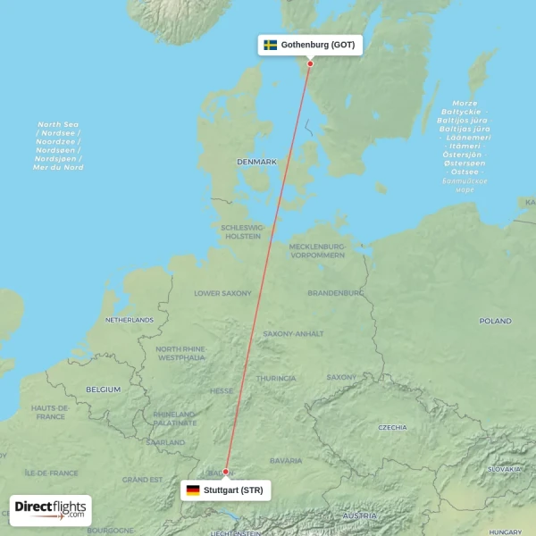 Gothenburg - Stuttgart direct flight map