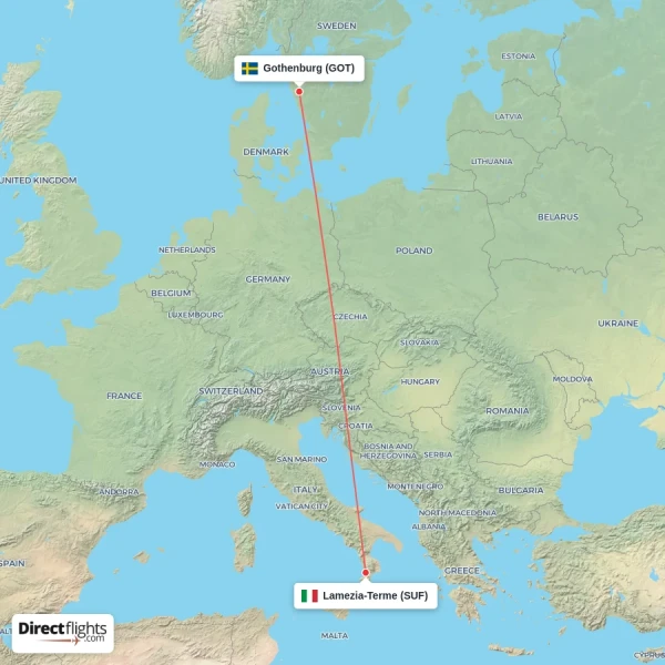 Gothenburg - Lamezia-Terme direct flight map
