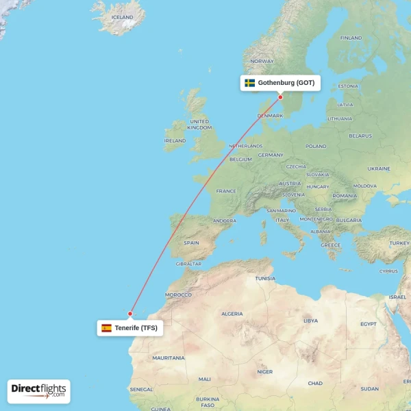Gothenburg - Tenerife direct flight map