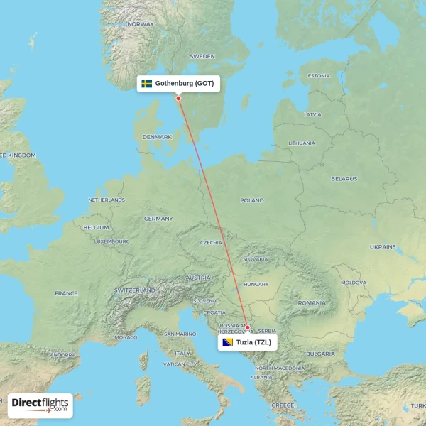 Gothenburg - Tuzla direct flight map