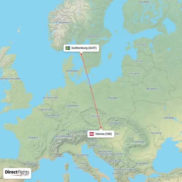Gothenburg - Vienna direct flight map
