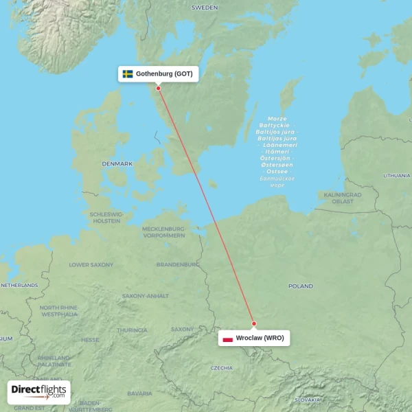 Gothenburg - Wroclaw direct flight map