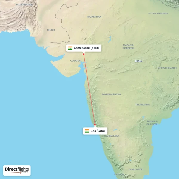 Goa - Ahmedabad direct flight map