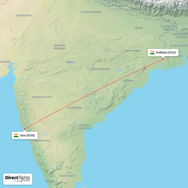 Goa - Kolkata direct flight map