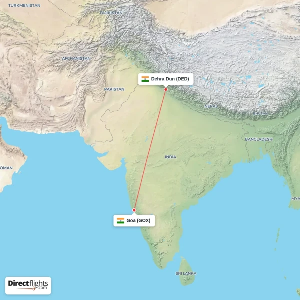 Goa - Dehra Dun direct flight map