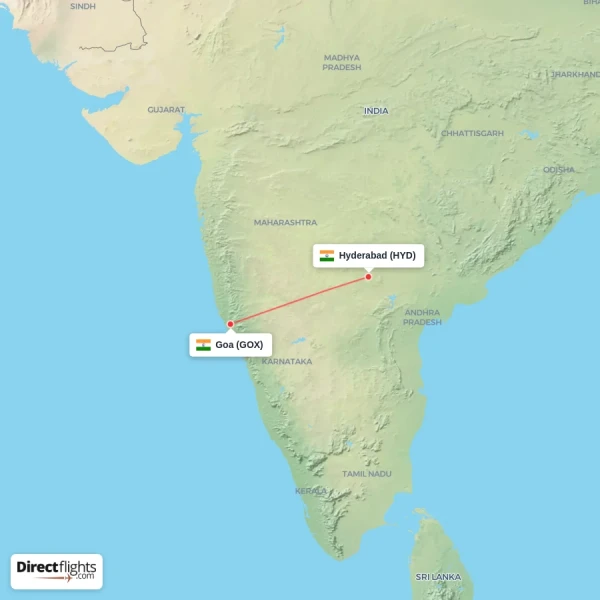 Goa - Hyderabad direct flight map