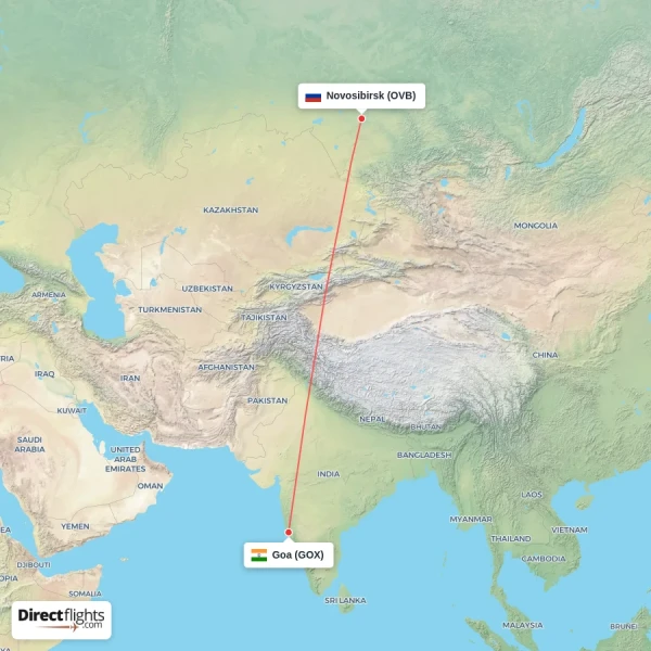 Goa - Novosibirsk direct flight map