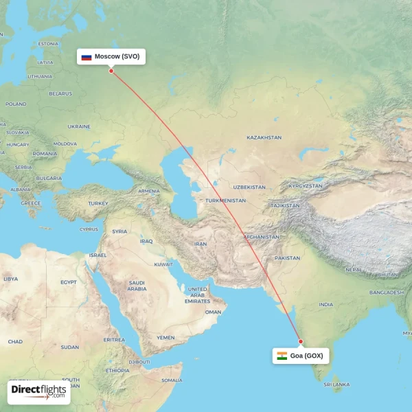Goa - Moscow direct flight map