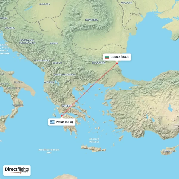 Patras - Burgas direct flight map