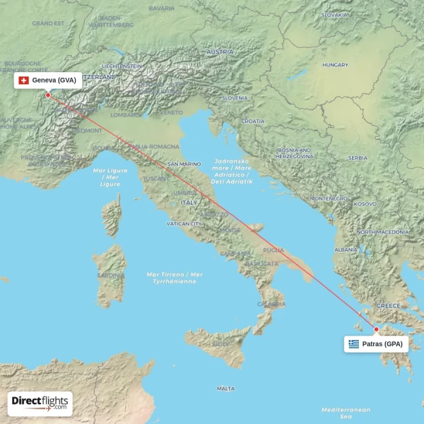 Patras - Geneva direct flight map