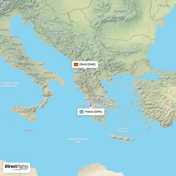 Patras - Ohrid direct flight map