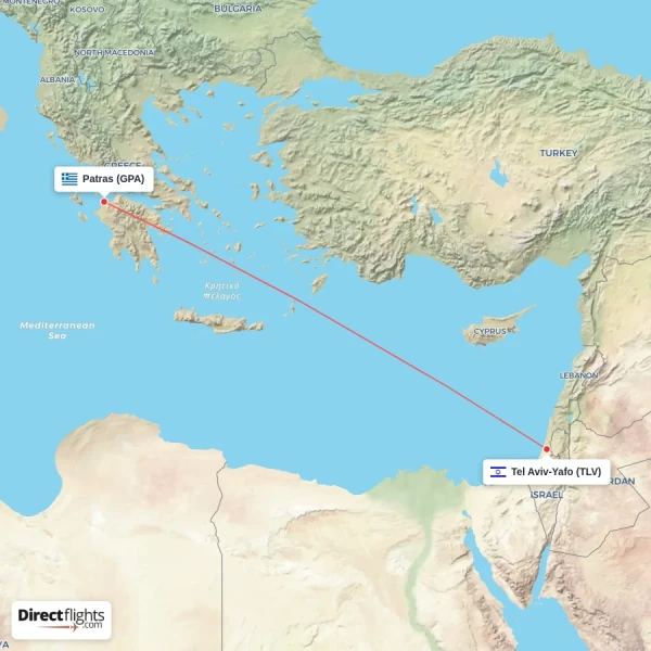 Patras - Tel Aviv-Yafo direct flight map