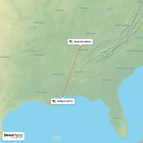 Gulfport - Nashville direct flight map