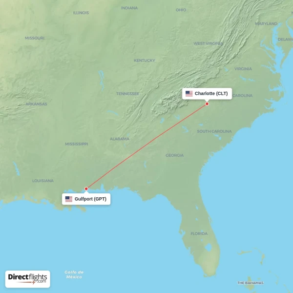 Gulfport - Charlotte direct flight map