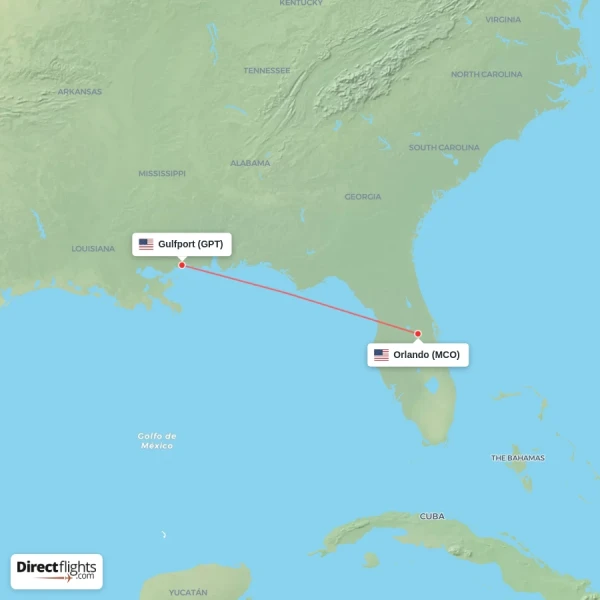 Gulfport - Orlando direct flight map