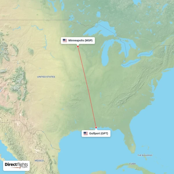 Gulfport - Minneapolis direct flight map