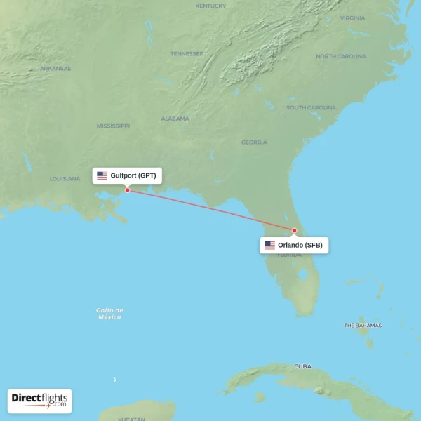 Gulfport - Orlando direct flight map