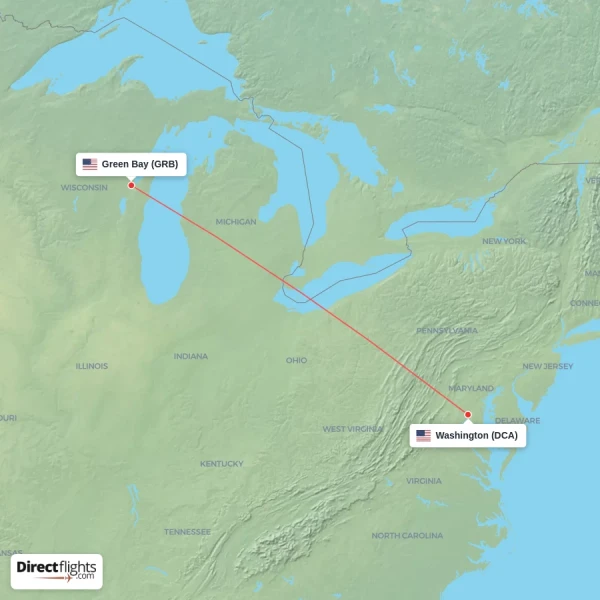 Green Bay - Washington direct flight map