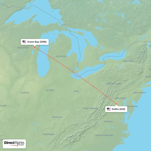 Green Bay - Dulles direct flight map