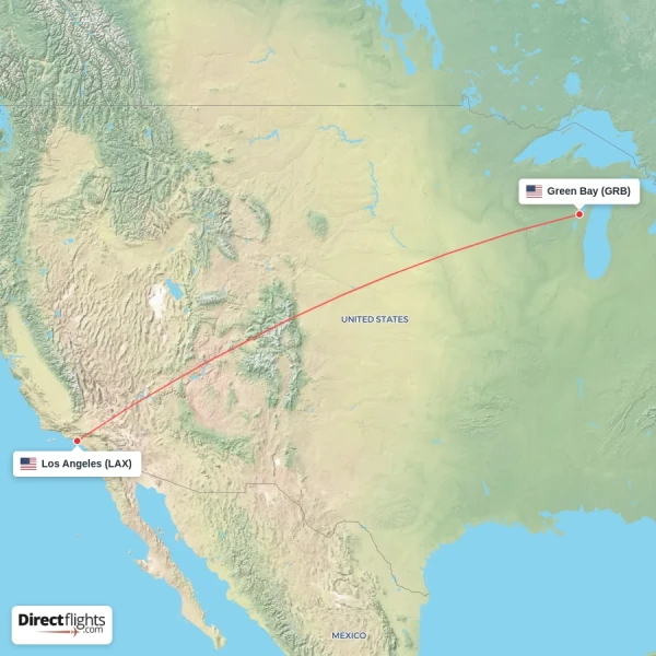 Green Bay - Los Angeles direct flight map