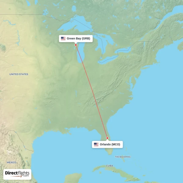 Green Bay - Orlando direct flight map