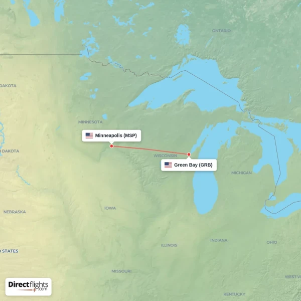 Green Bay - Minneapolis direct flight map