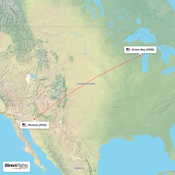 Green Bay - Phoenix direct flight map