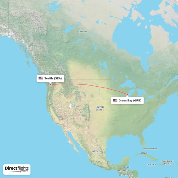Green Bay - Seattle direct flight map