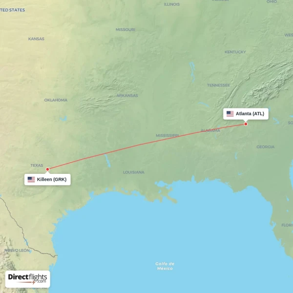 Killeen - Atlanta direct flight map
