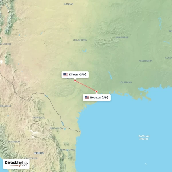 Killeen - Houston direct flight map