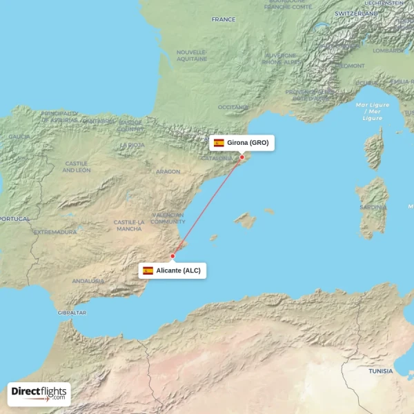 Girona - Alicante direct flight map