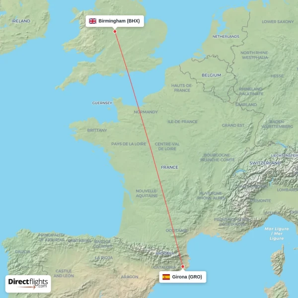 Girona - Birmingham direct flight map