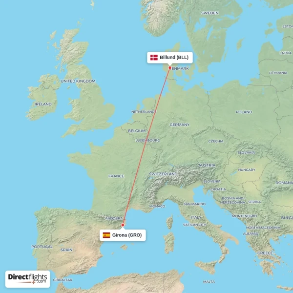 Girona - Billund direct flight map